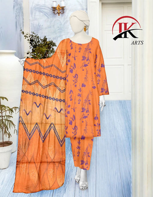 I.K Arts – Premium Lawn 3-Piece Unstitched Suit (Orange All-Over Print)