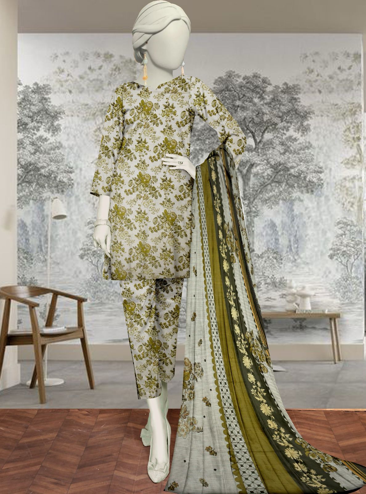 Unstitched Bana Doriya lawn 3 Piece all over