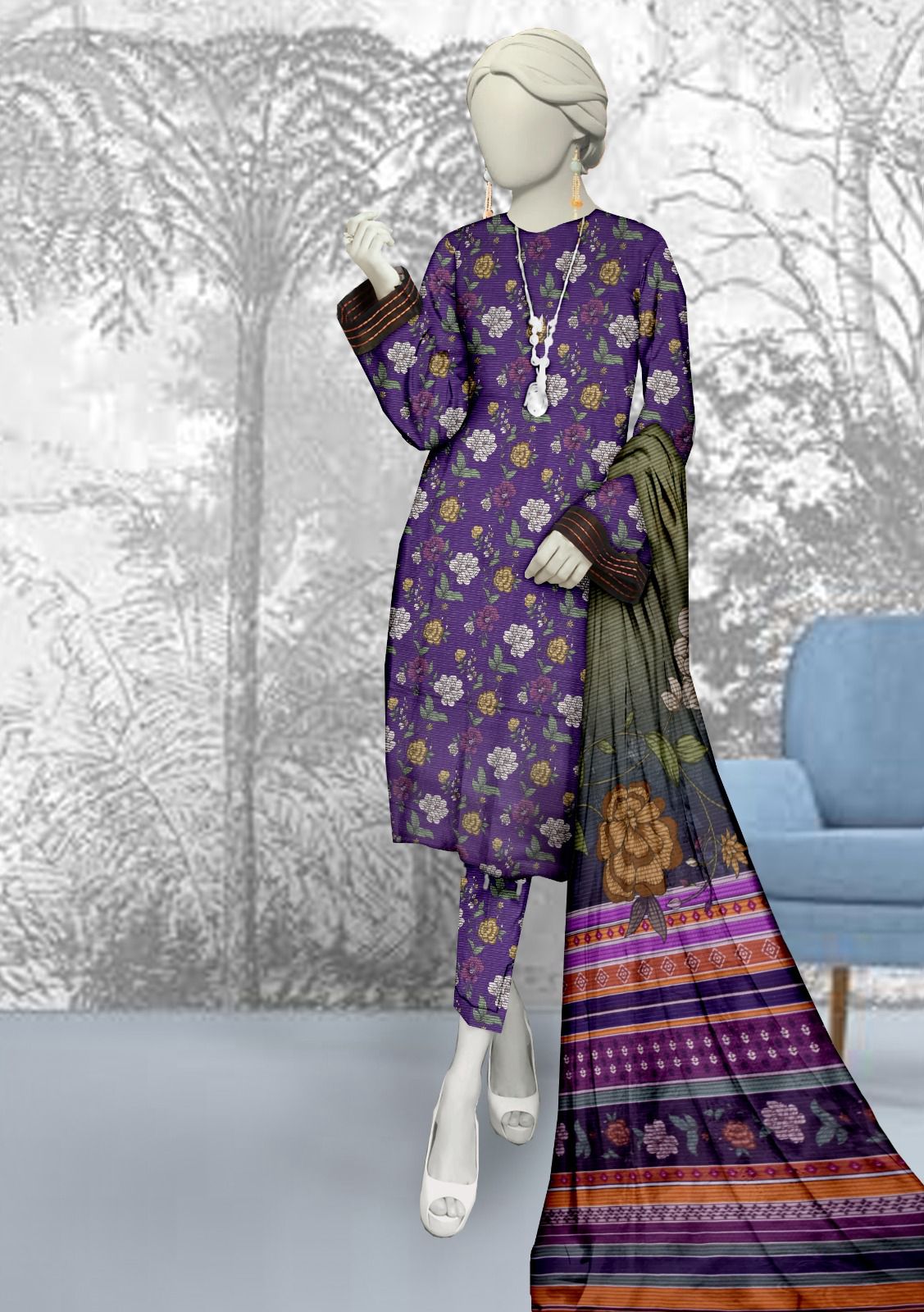 Unstitched Bana Doriya lawn 3 Piece all over