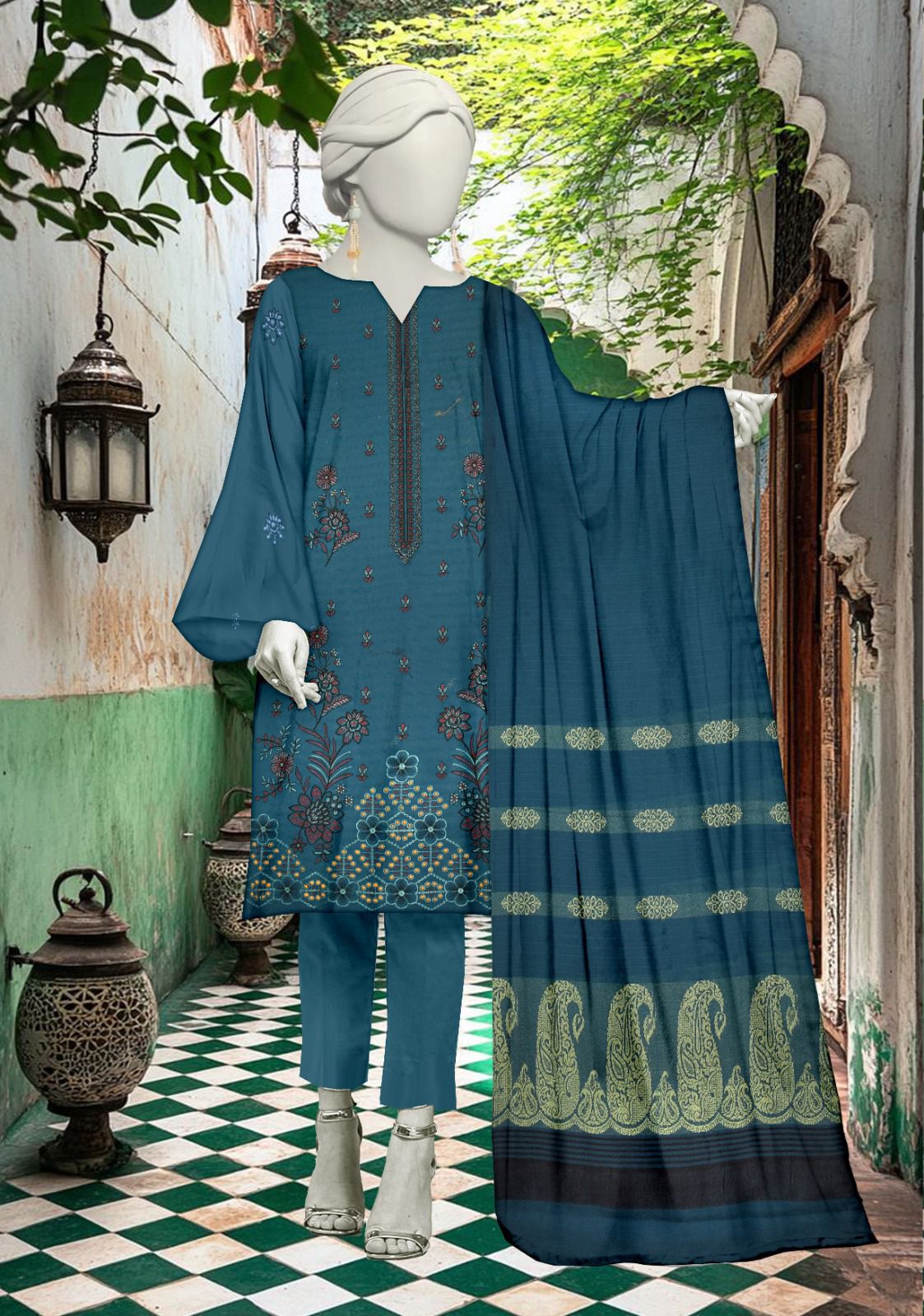 Unstitched Lawn Bana Dora Fancy Boring Daman Embroidered with Premium Voil Brosha Shawl - 3 Pcs (Vol-4)