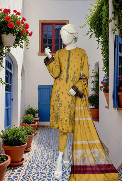 Unstitched lawn Bana Dora Fancy Boring Daman embroidered with premium voil Brosha shawl -3 pcs-vol-4